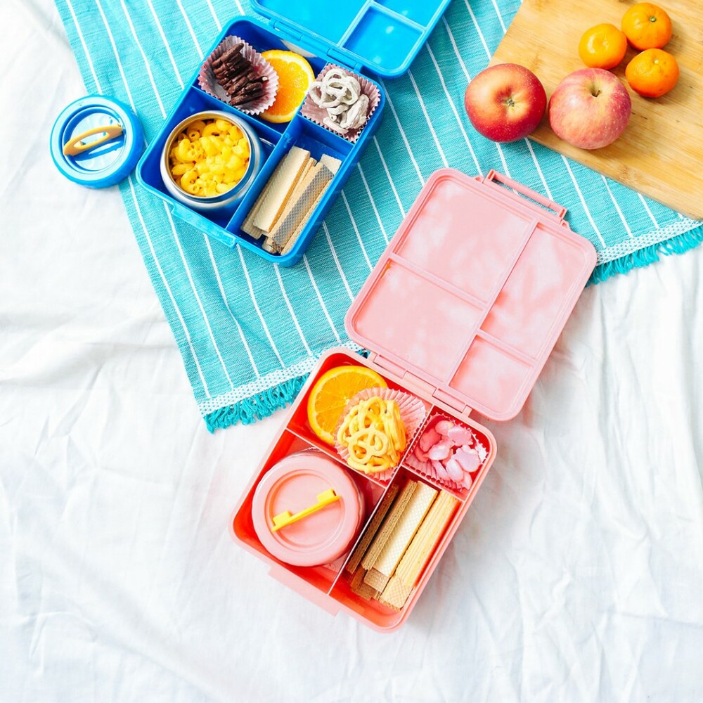 blue and pink Saja Bento Box with food inside